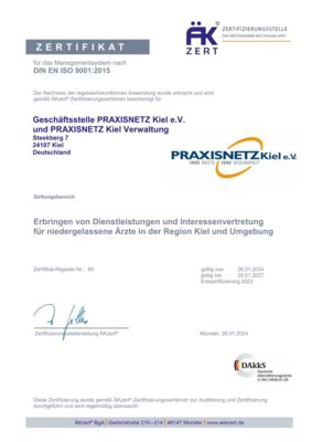 Zertifikat DIN EN ISO 9001:2015 für das Praxisnetz Kiel